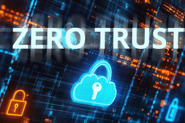 Stylized graphic of a security cloud featuring a lock and key, with the phrase ‘Zero Trust.